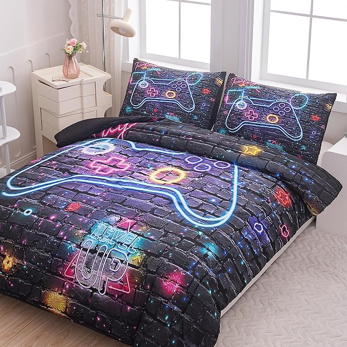 Full Size Comforter Set for Boys, Gamer Bedding Set, 3 Pieces, Gamepad 06, Polyester, All Seasons, Machine Wash